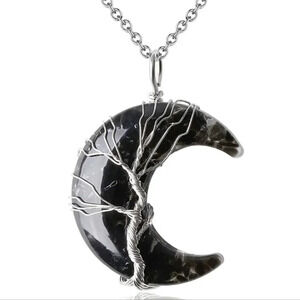 Black Healing Crystal Necklace Tree Life Wire Wrapped Crescent Moon